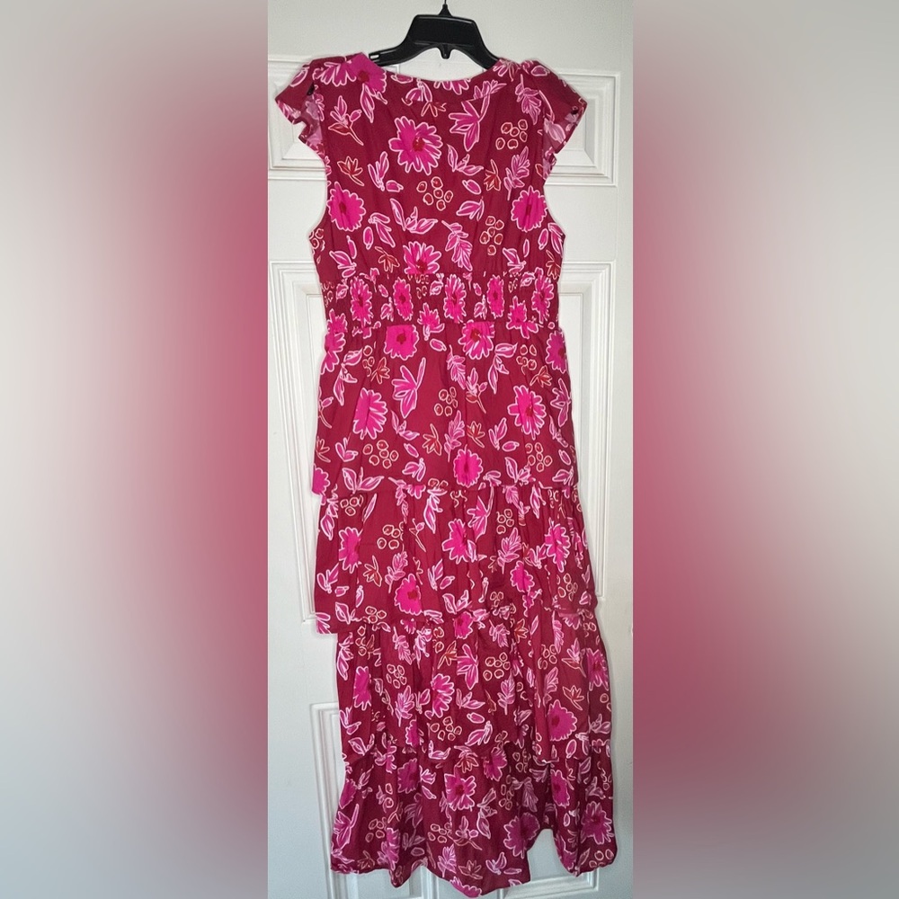 Victoria Dunn cotton maxi floral tiered dress in red pink ruffle sleeve size xl - Picture 4 of 7